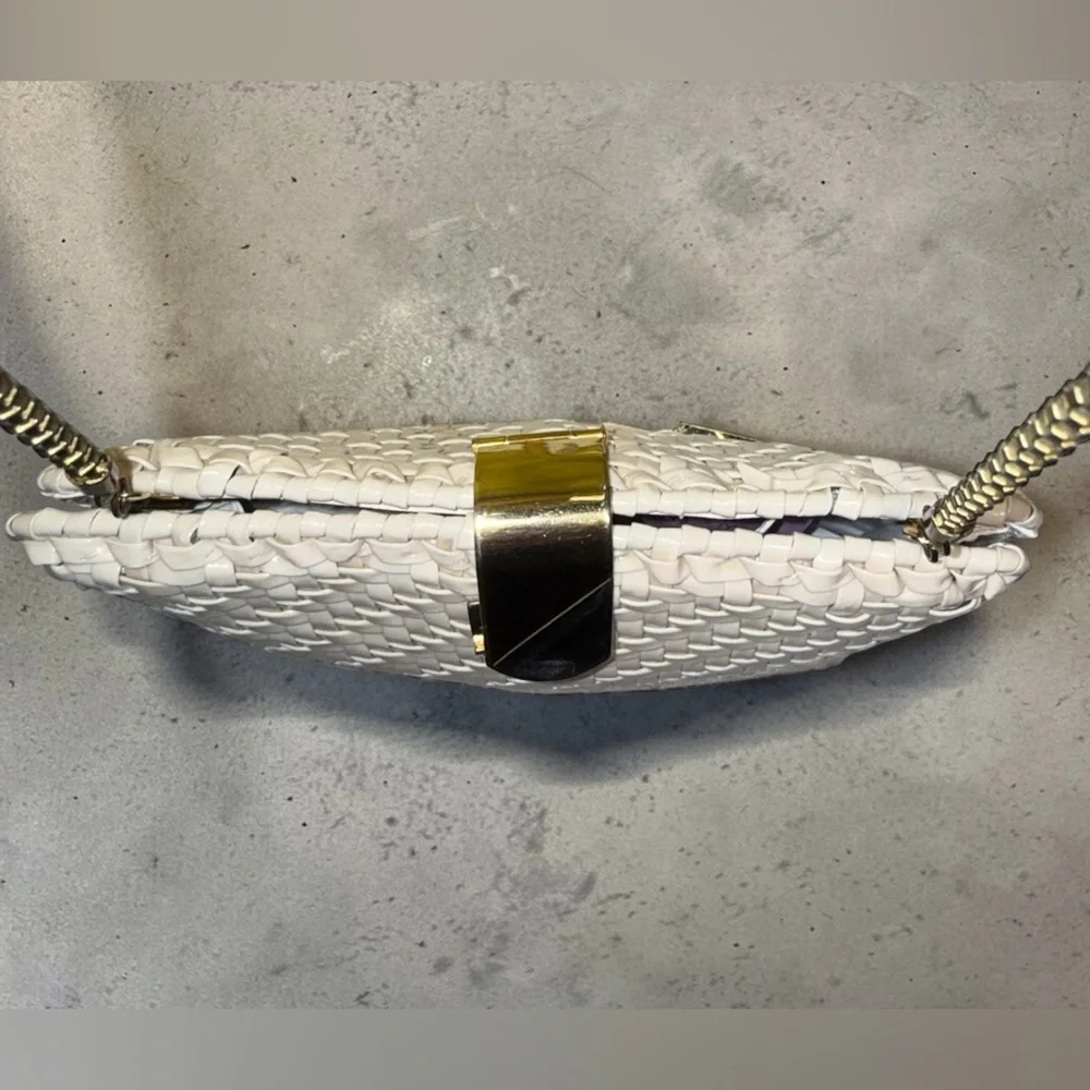 Vintage White Woven Clutch Purse Gold Chain Strap Convertible Shoulder Bag - Picture 5 of 8
